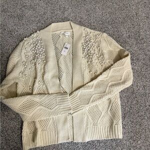 Anthropologie Cream Cardigan with Pearl Accents
